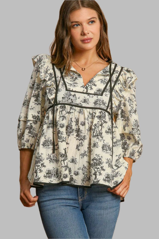 Umgee Printed Babydoll Top - Cream