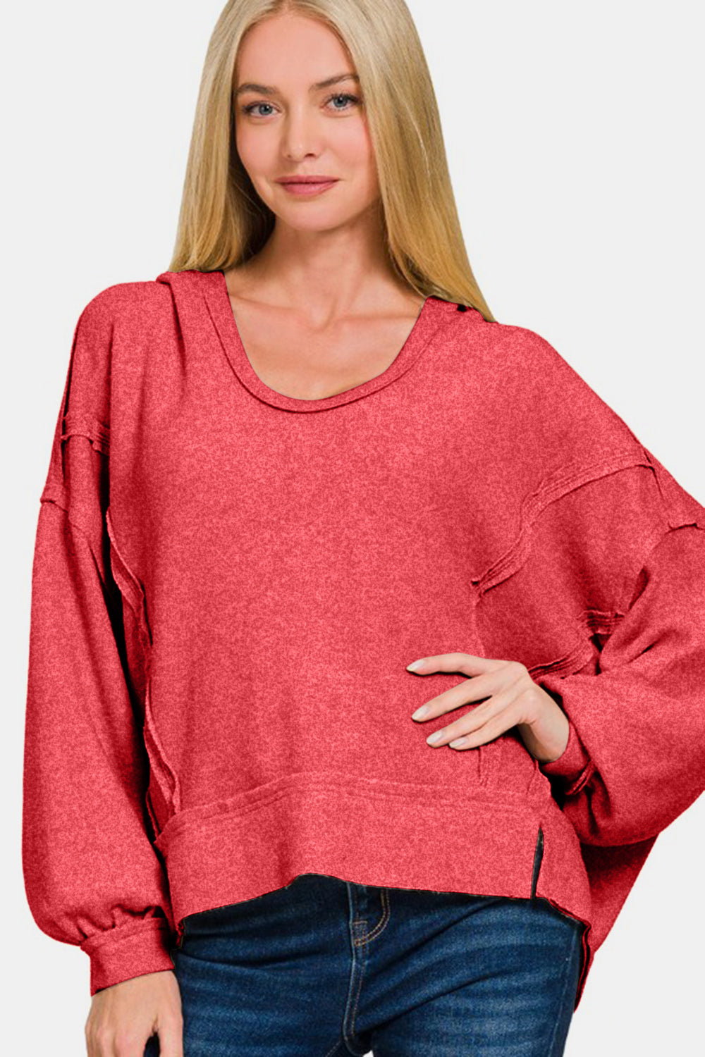 Zenana Red Brushed Hacci Hoodie Sweatshirt