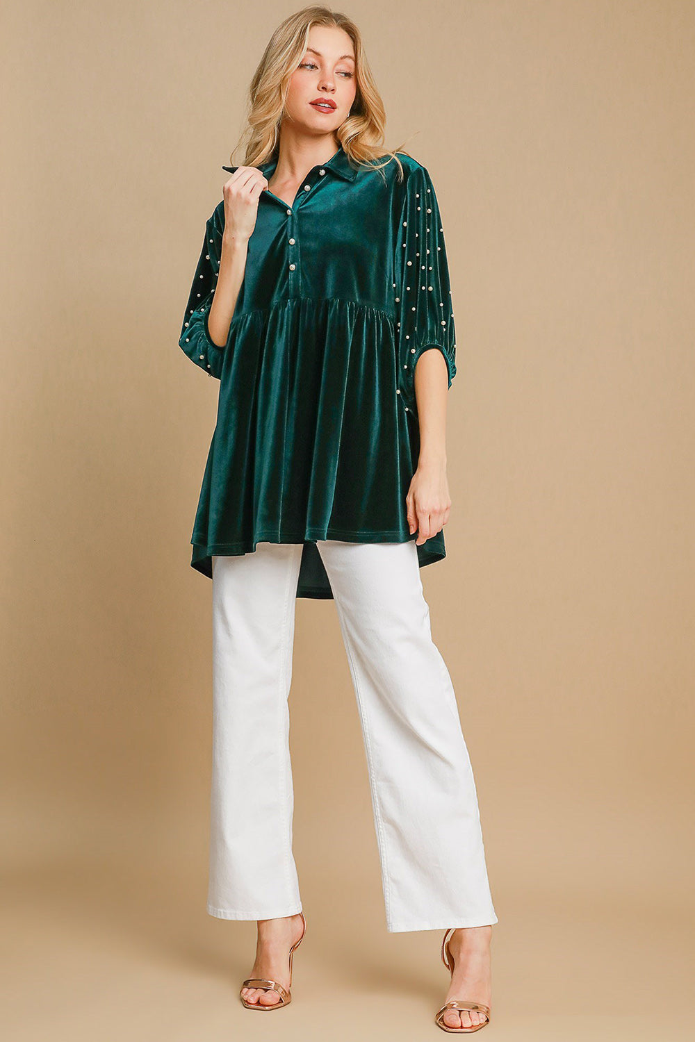 Umgee Pearl Detail Velvet Top - Hunter Green