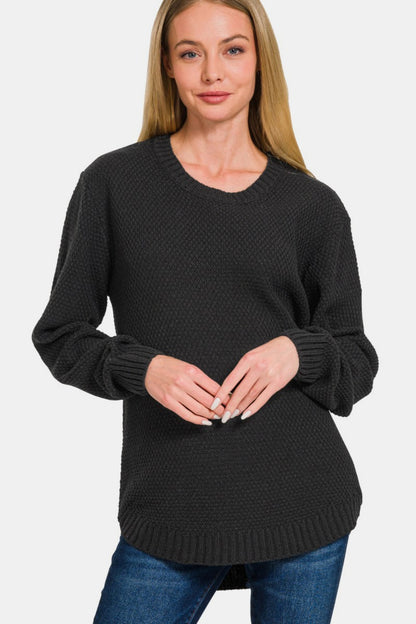 Zenana Curved Hem Sweater - Black