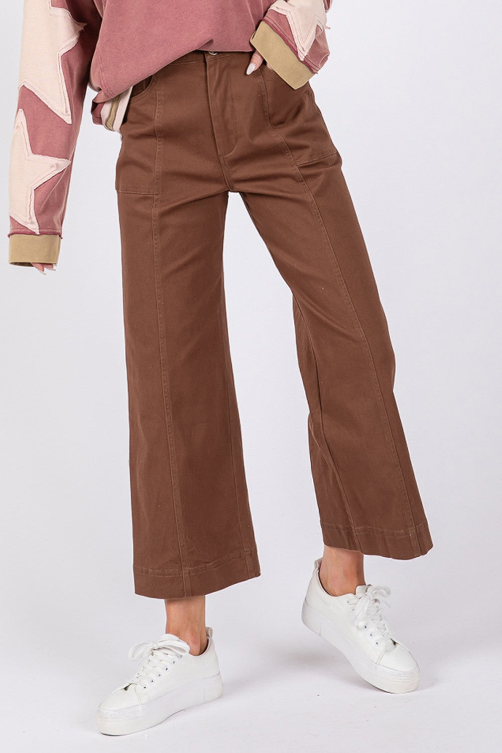 SAGE + FIG Wide Leg Cropped Pants - Mocha