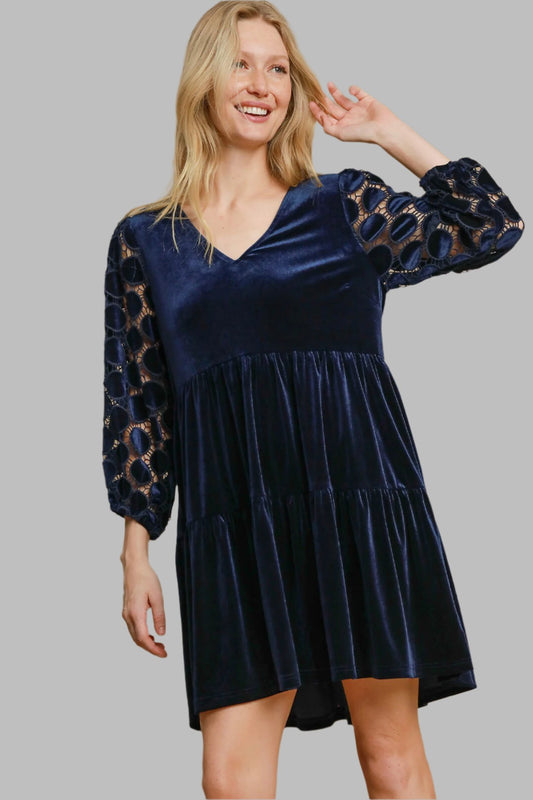 Umgee Velvet V-Neck Dotted Lace Tiered Dress - Navy