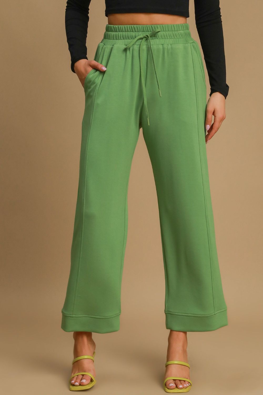 Umgee Drawstring Wide Leg Pants with Pockets - Green