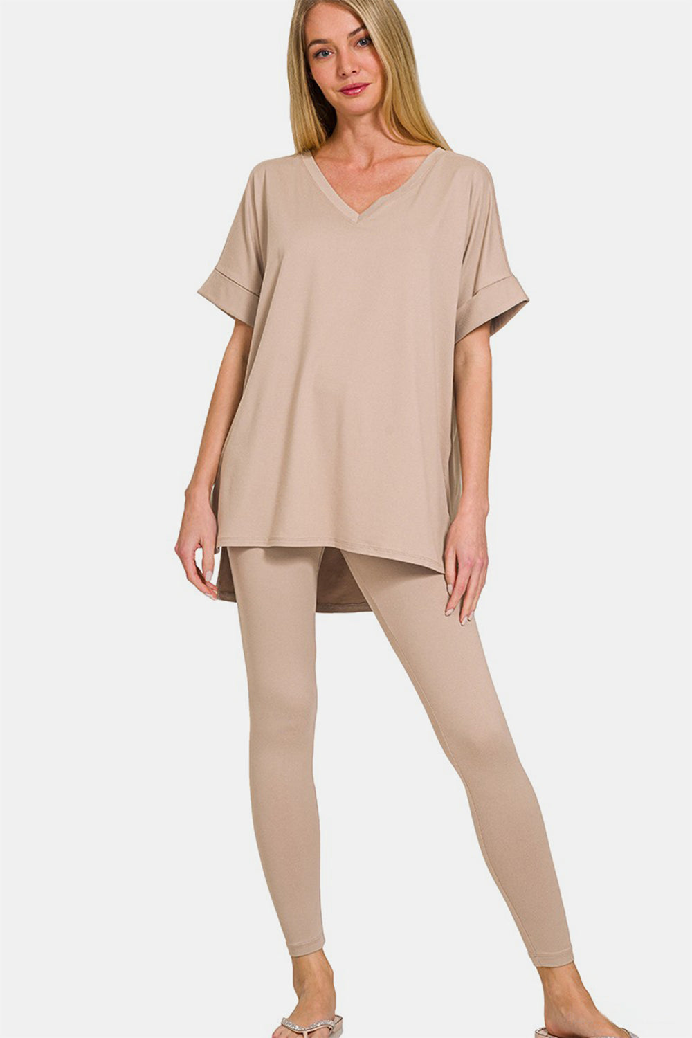 Zenana V-Neck Short Sleeve Top & Leggings Set - Light Mocha