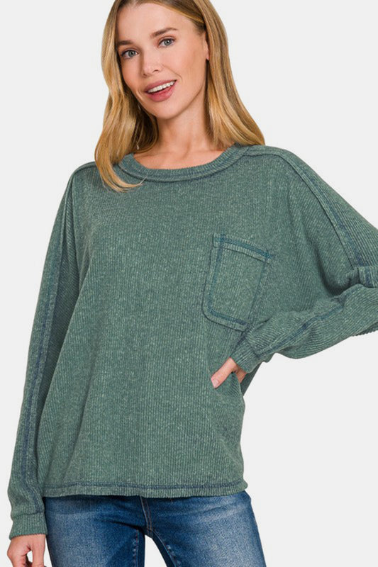 Zenana Ribbed Hacci Top - Ash Jade