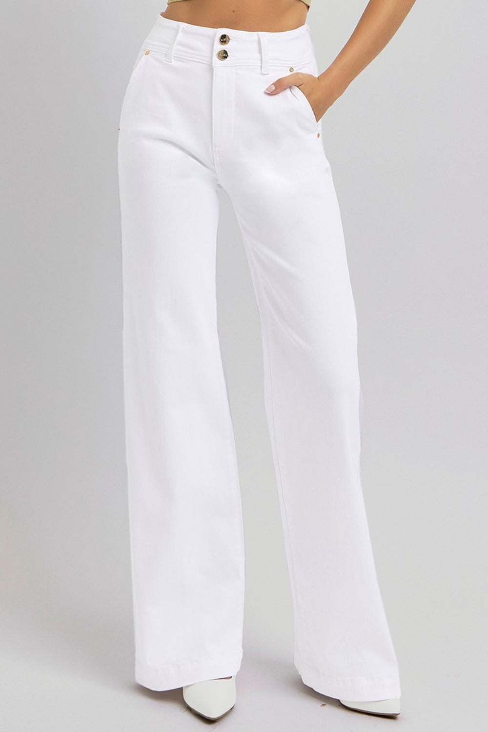 RISEN Tummy Control Double Button Wide Leg Jeans