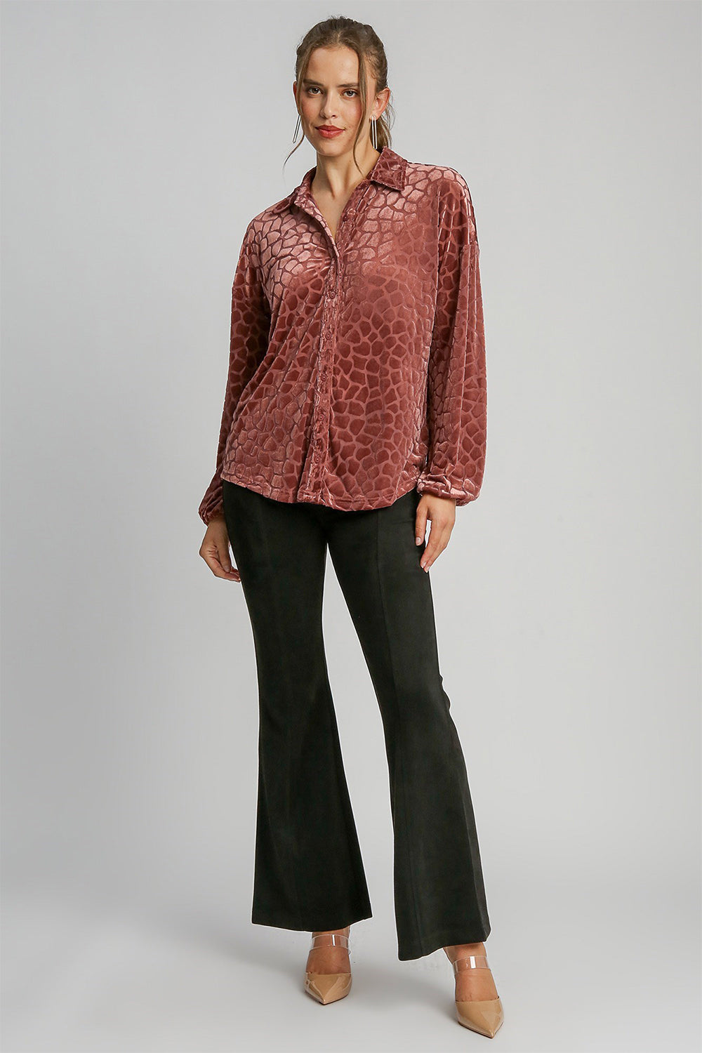 Umgee Velvet Animal Print Top - Rosewood