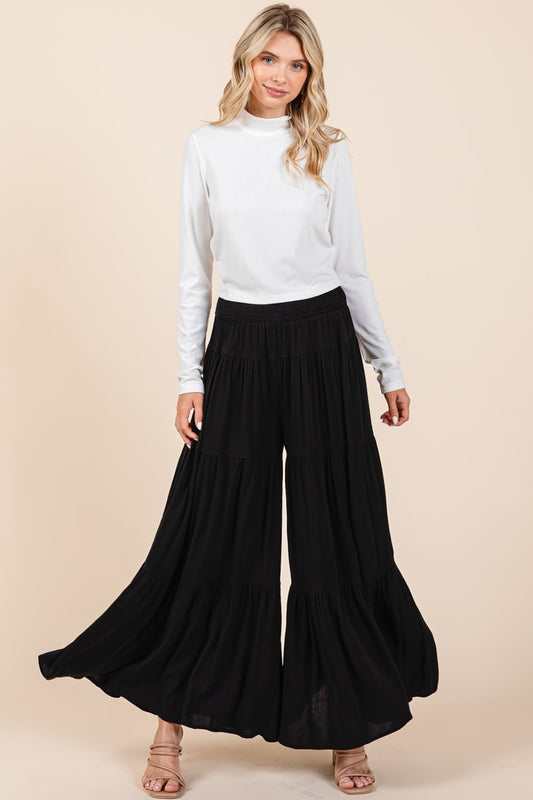 Mittoshop Tier Detail Smocked Elastic Waist Wide Leg Pants - Black