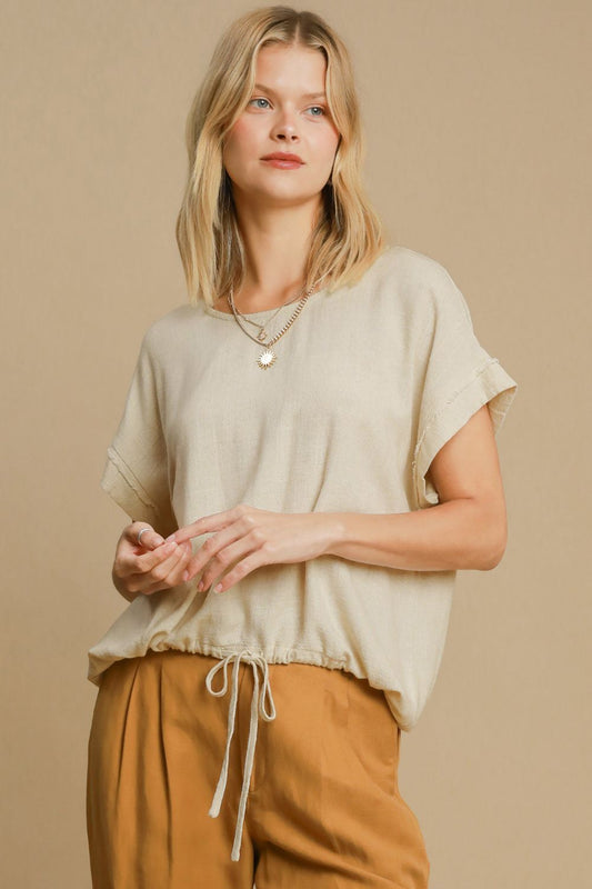 Umgee Drawstring Hem Top - Oatmeal