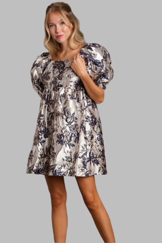 Umgee Metallic Jacquard Puff Sleeve Dress