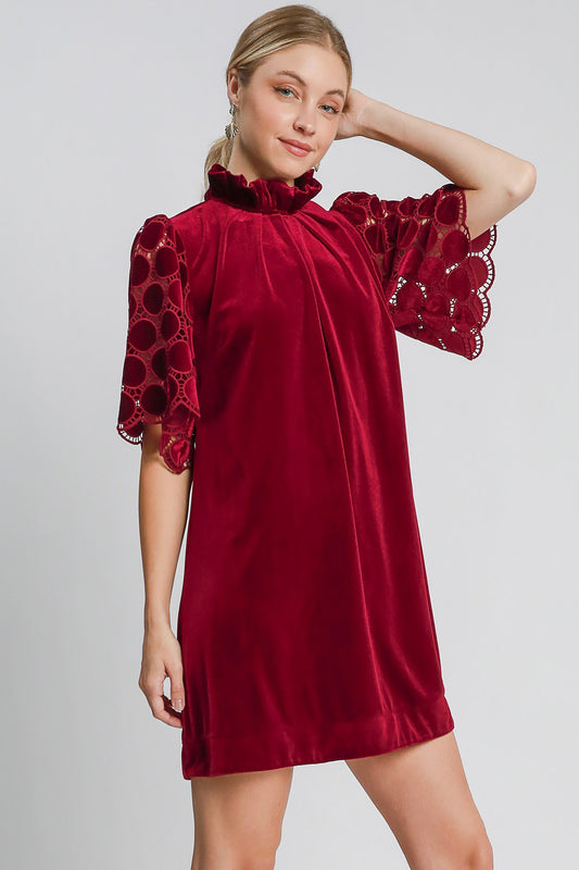 Umgee Velvet Mock Neck Dotted Dress - Burgundy