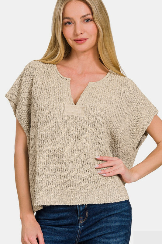 Zenana Mocha Short Sleeve V-Neck Sweater