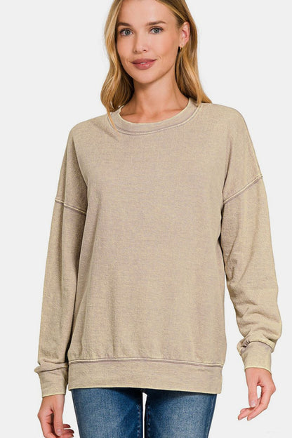 Zenana Washed Dropped Shoulder Sweatshirt - Khaki