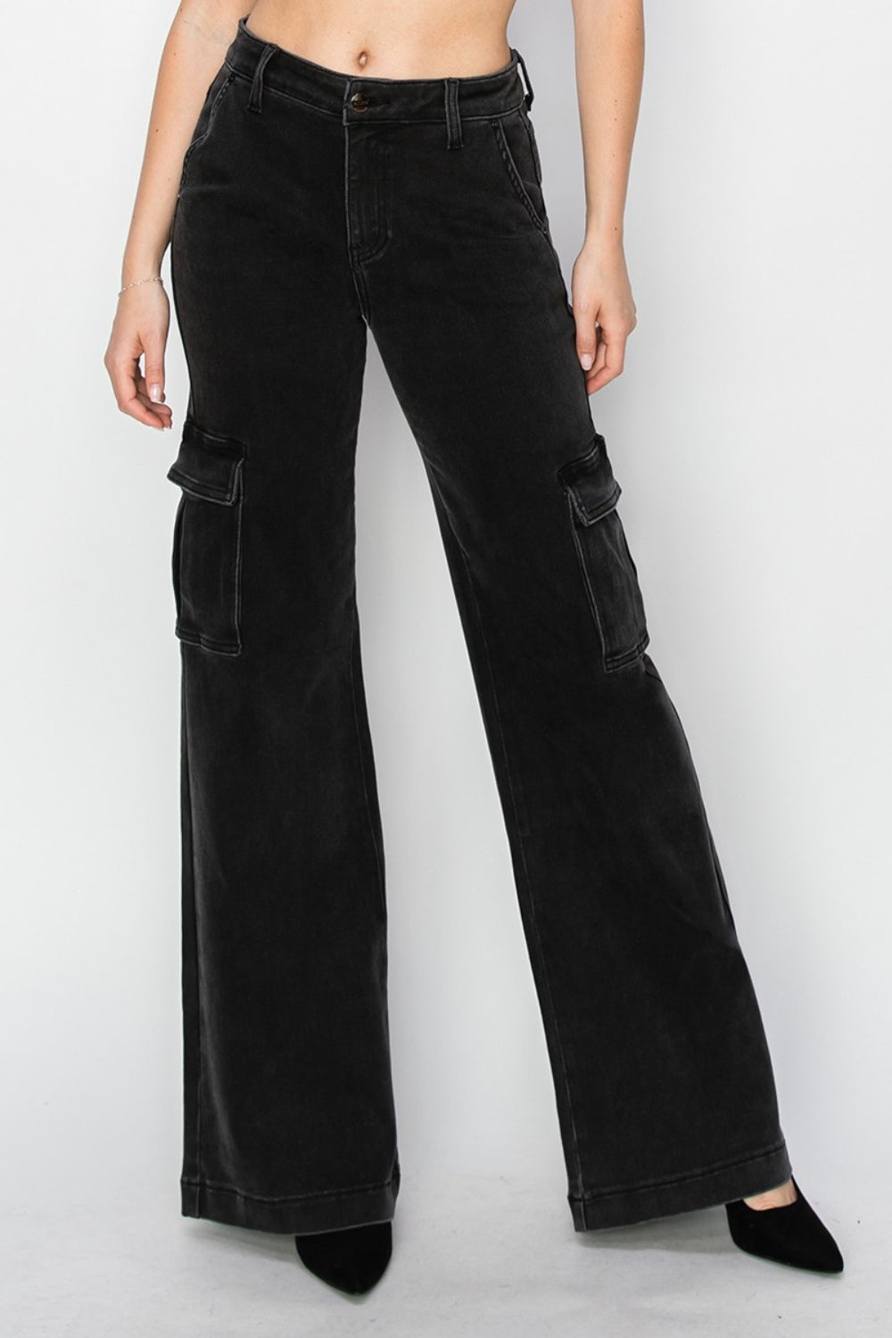 Risen High Rise Wide Leg Cargo Style Jeans - Black