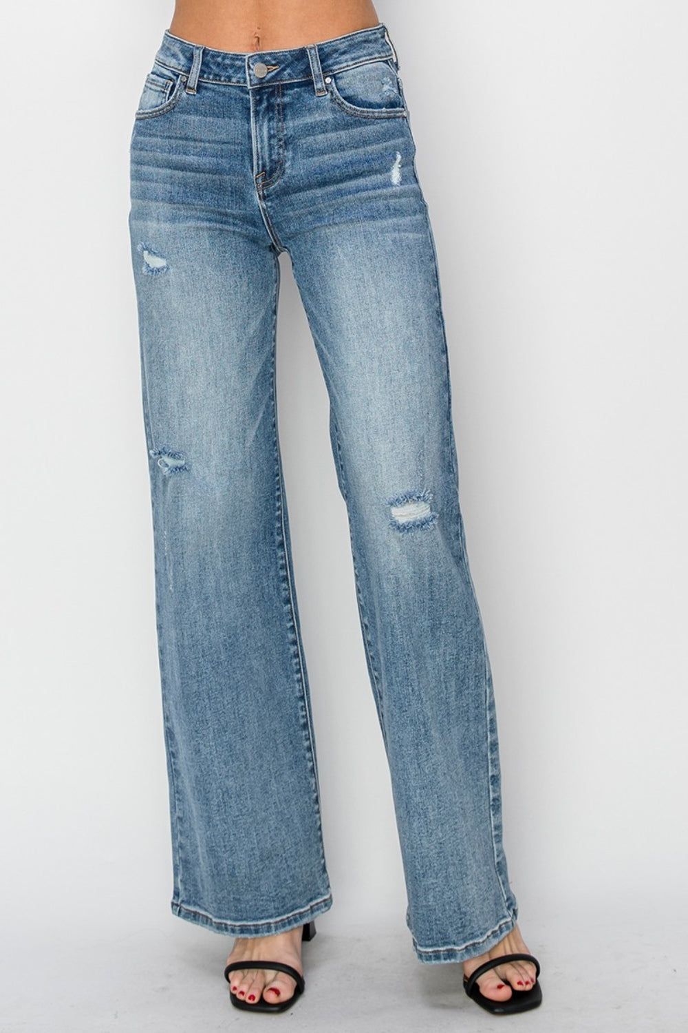 RISEN Distressed Wide Leg Jeans