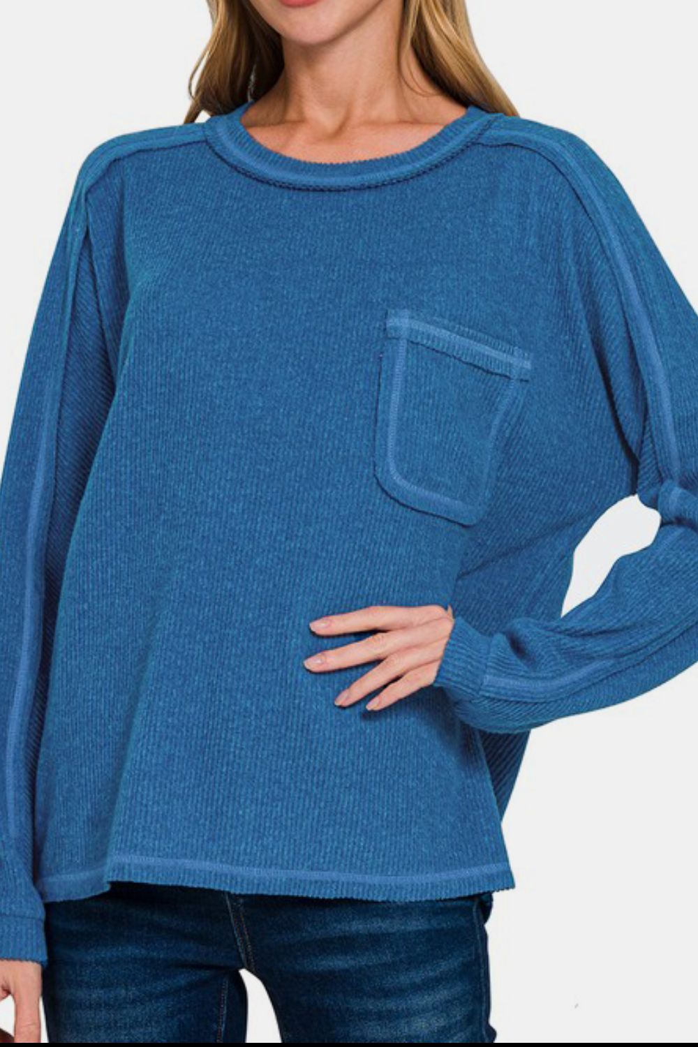 Zenana Ribbed Hacci Top - Royal Blue