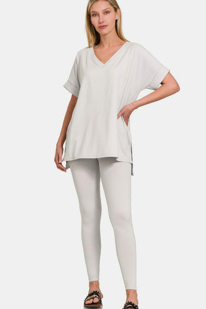 Zenana V-Neck Short Sleeve Top & Leggings Set - Light Cement