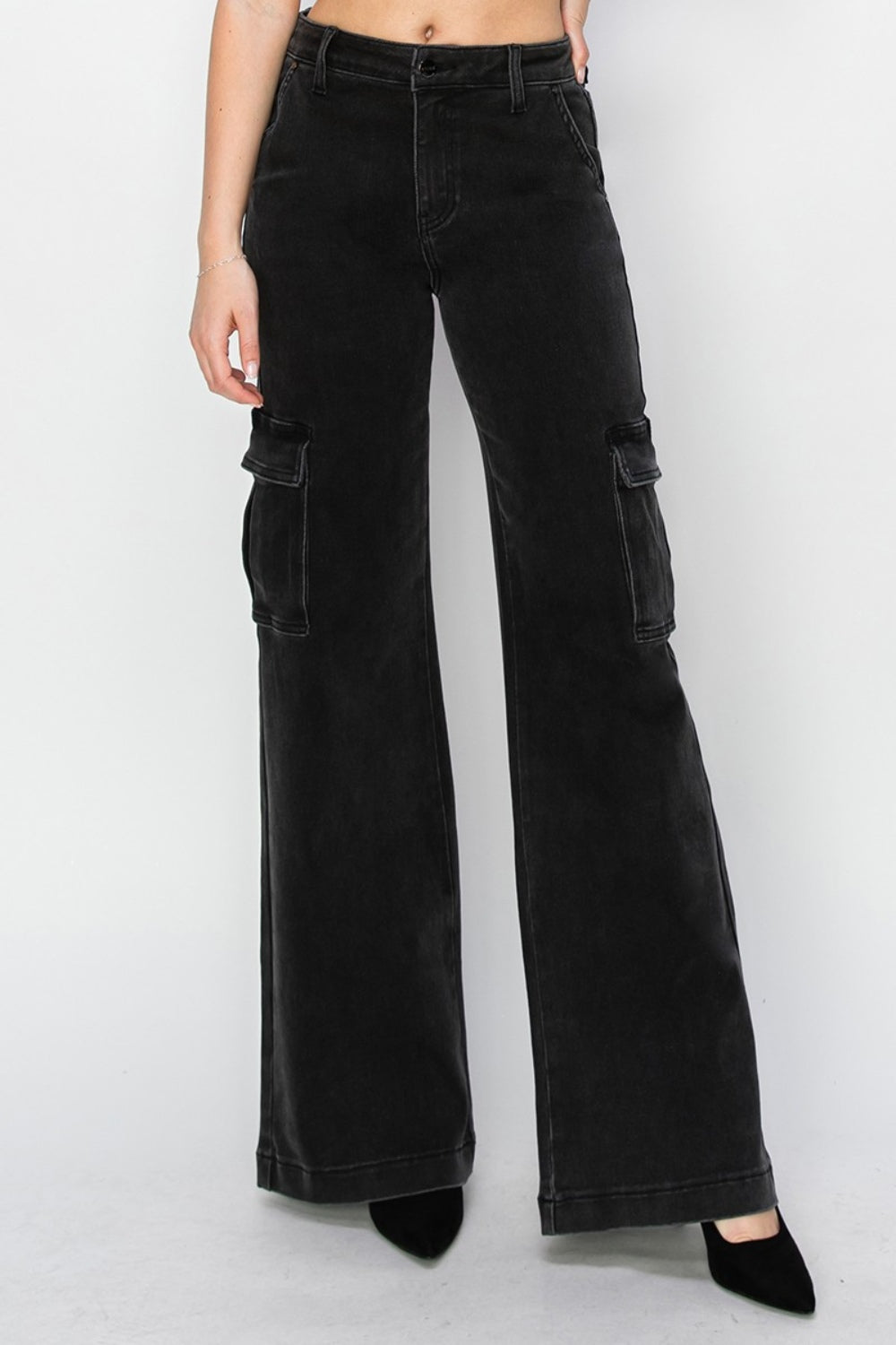 Risen High Rise Wide Leg Cargo Style Jeans - Black