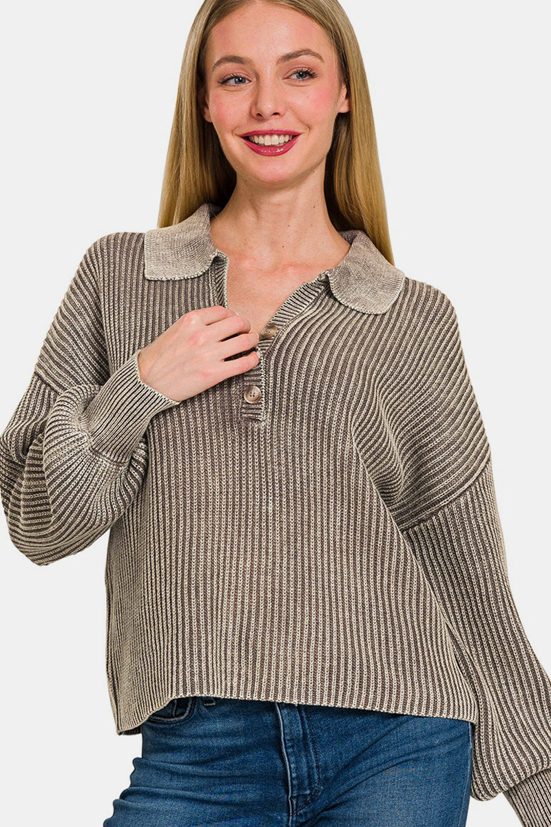 Zenana Collared Sweater - Mocha