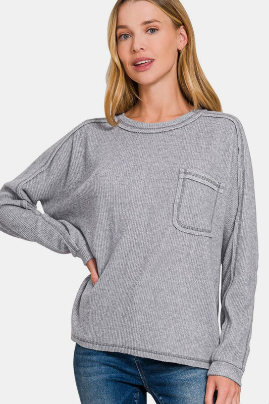 Zenana Ribbed Hacci Top - Gray