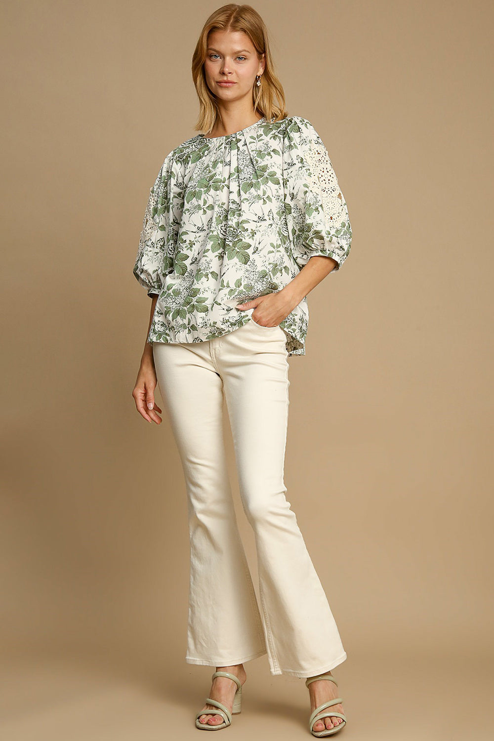 Umgee Floral Pleated Top - Sage