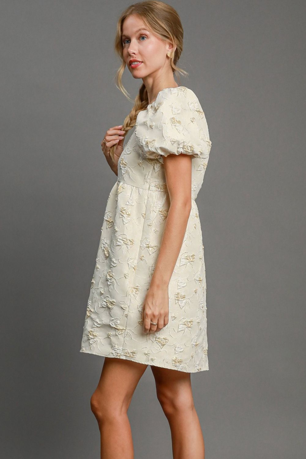 Umgee Heart Jacquard Square Neck Puff Sleeve Dress - Cream