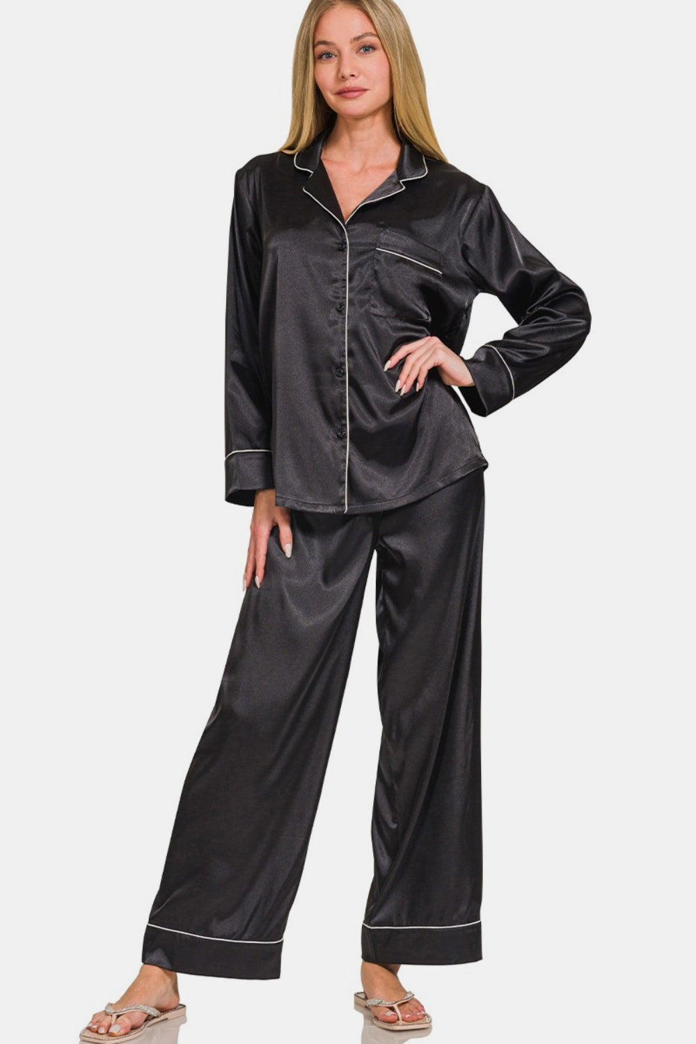 Zenana Satin Pajama Set - Black