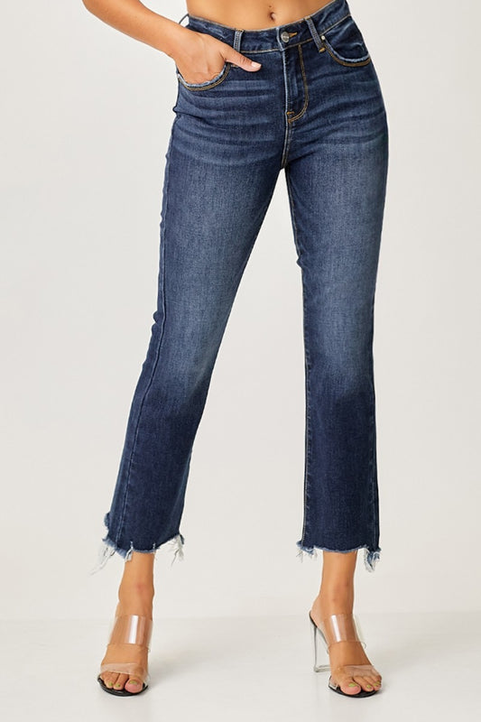 Risen Frayed Hem Cropped Straight Jeans - Dark Wash