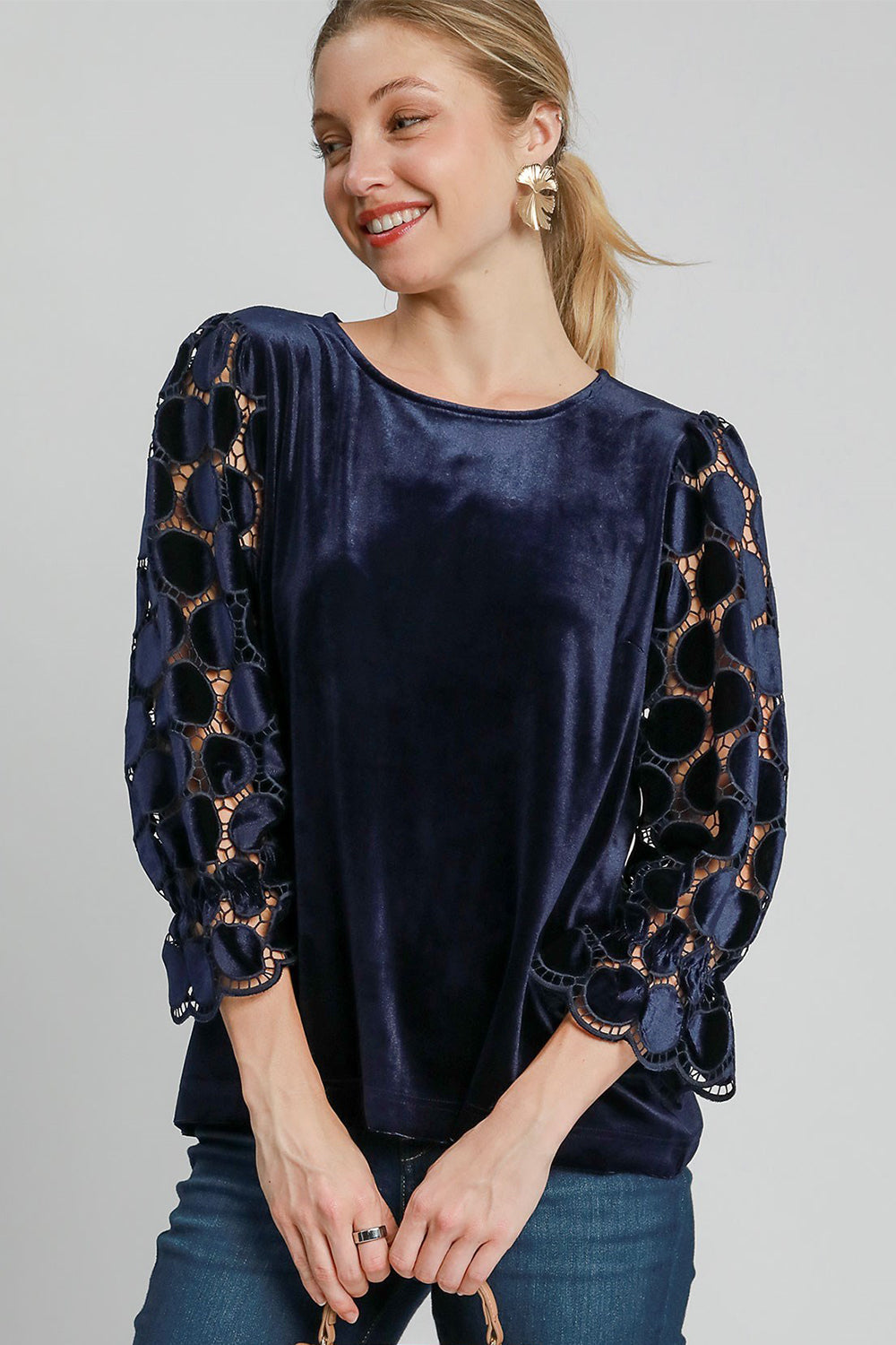 Umgee Polka Dot Lace Top - Navy