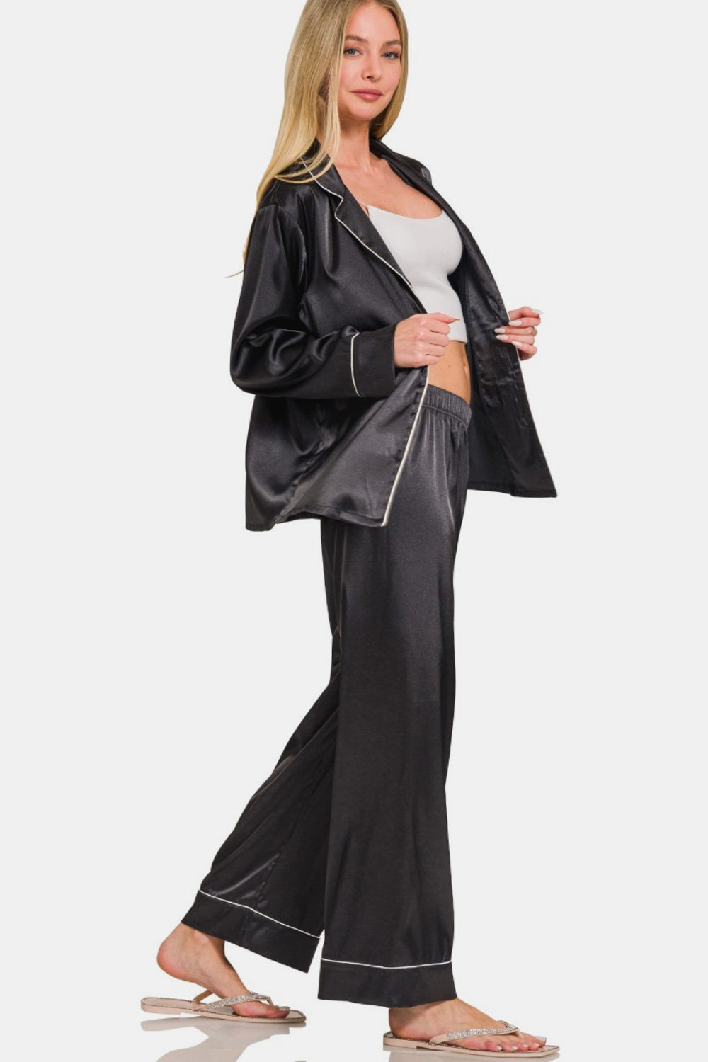 Zenana Satin Pajama Set - Black