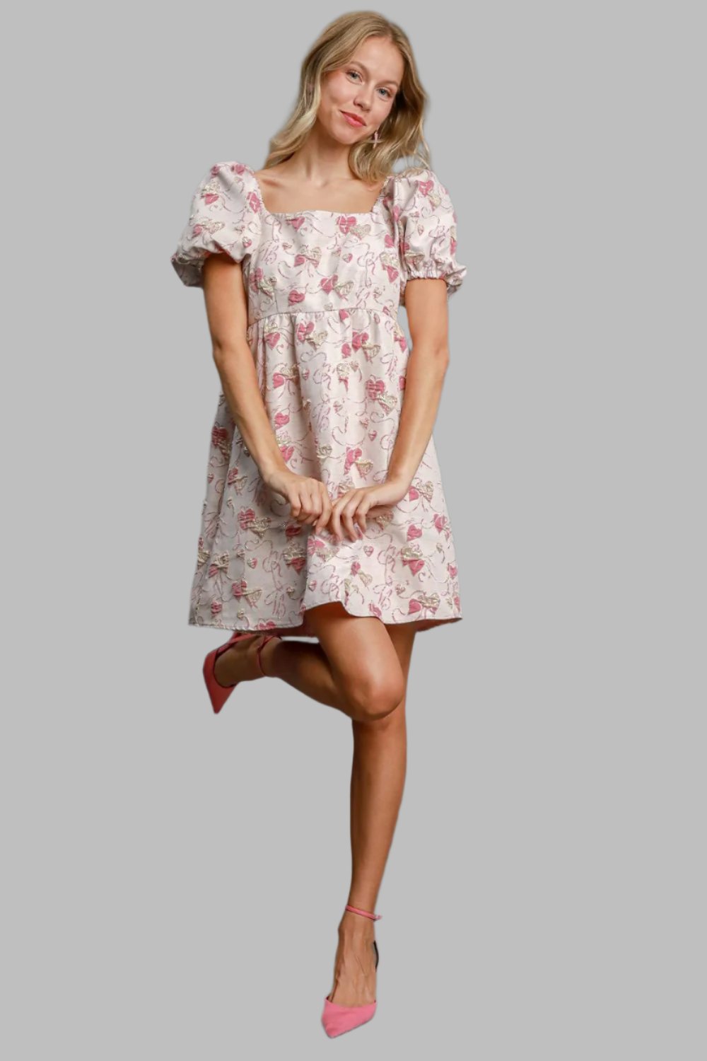 Umgee Heart Jacquard Square Neck Puff Sleeve Dress - Pink