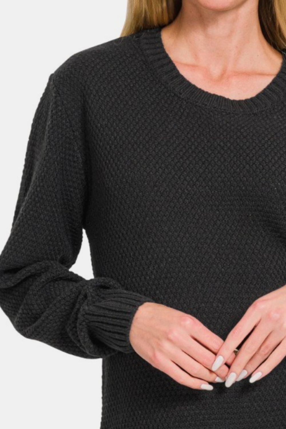 Zenana Curved Hem Sweater - Black