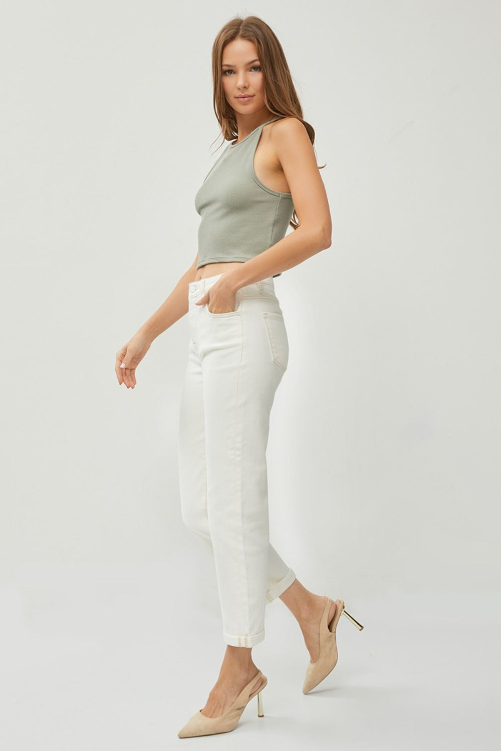 RISEN High Waist Rolled Hem Straight Jeans - Cream