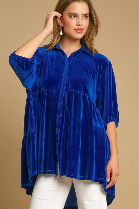 Umgee Button Down Tiered Top - Sapphire