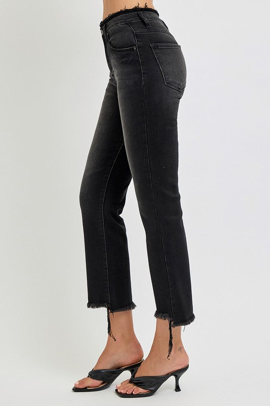 RISEN Raw Hem Cropped Flare Jeans - Black