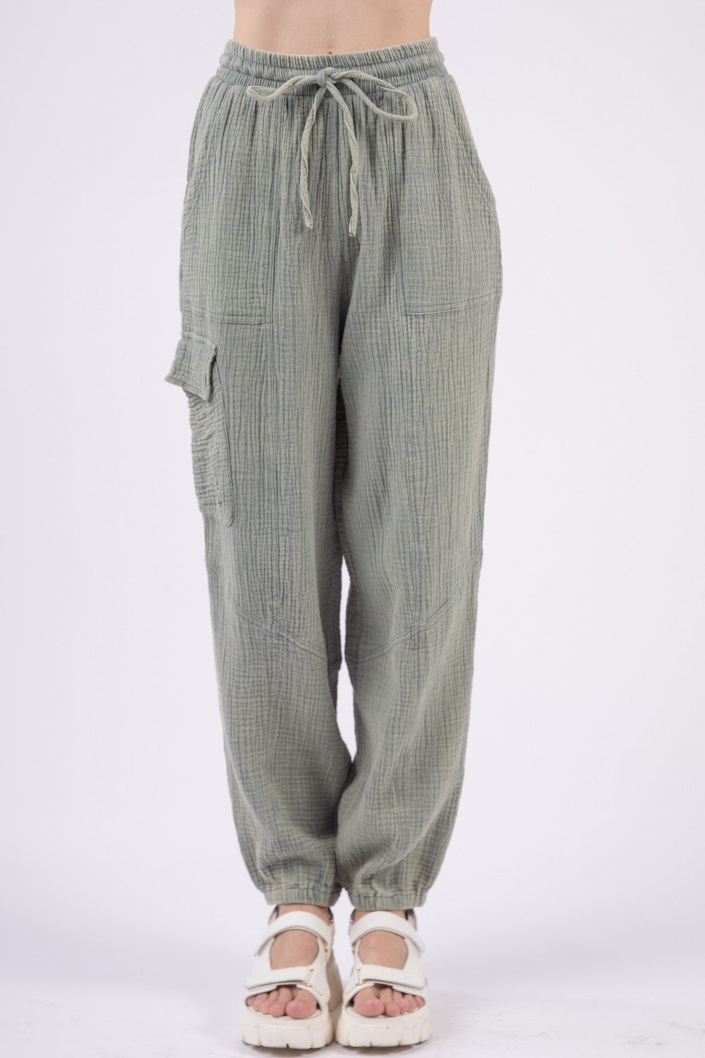 VERY J Crinkle Gauze Drawstring Pants - Sage