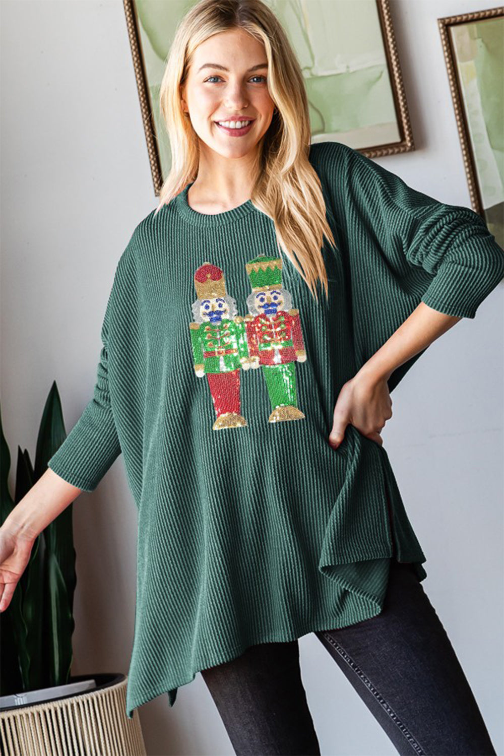 Ribbed Sequin Nutcracker Top - Hunter Green