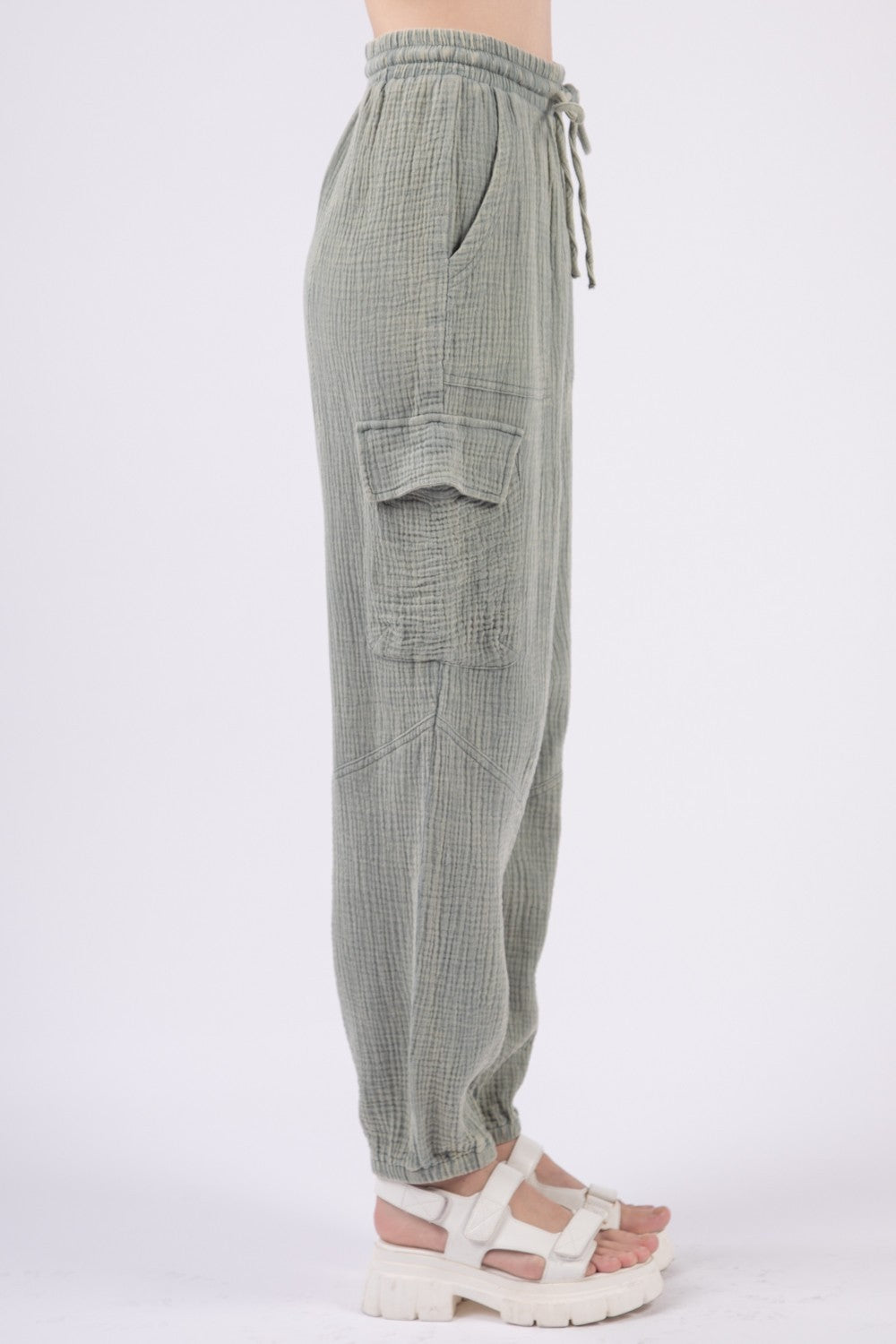 VERY J Crinkle Gauze Drawstring Pants - Sage