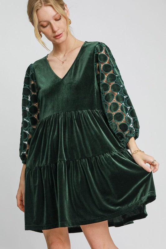 Umgee Velvet V-Neck Dotted Lace Tiered  Dress - Dark Green