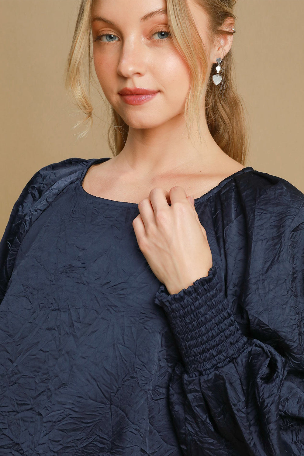 Umgee Wrinkled Lantern Sleeve Top - Navy