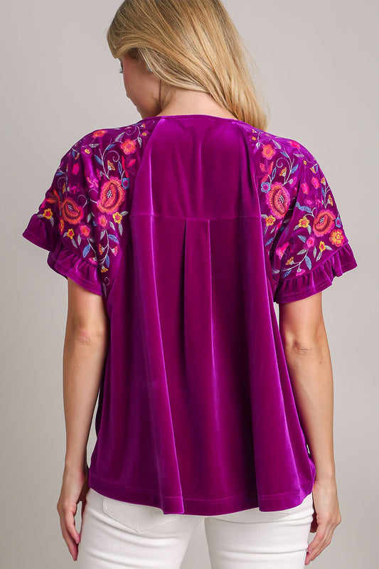 Umgee Velvet Embroidery Top - Violet