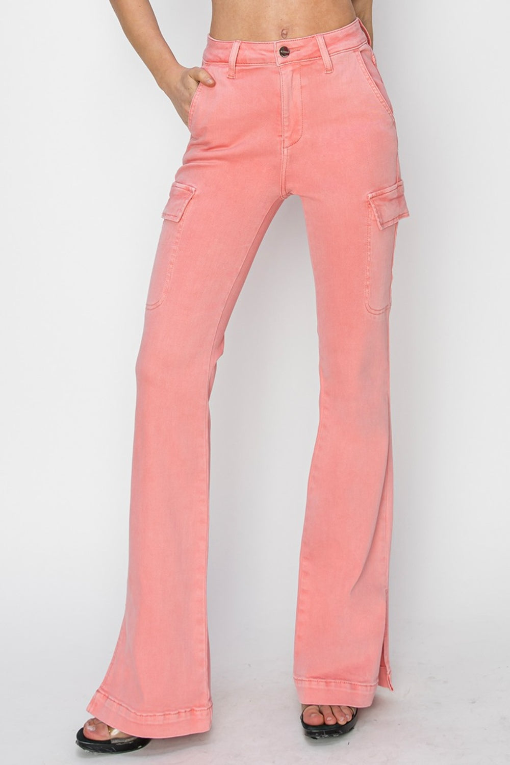 RISEN High Rise Side Slit Cargo Bootcut Jeans - Flamingo