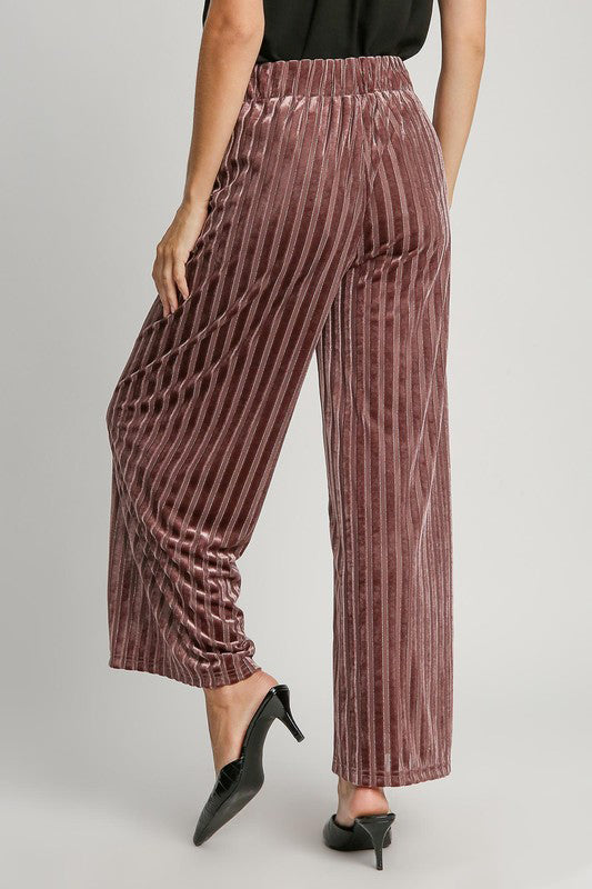 Umgee Velvet Striped Pants - Burgundy