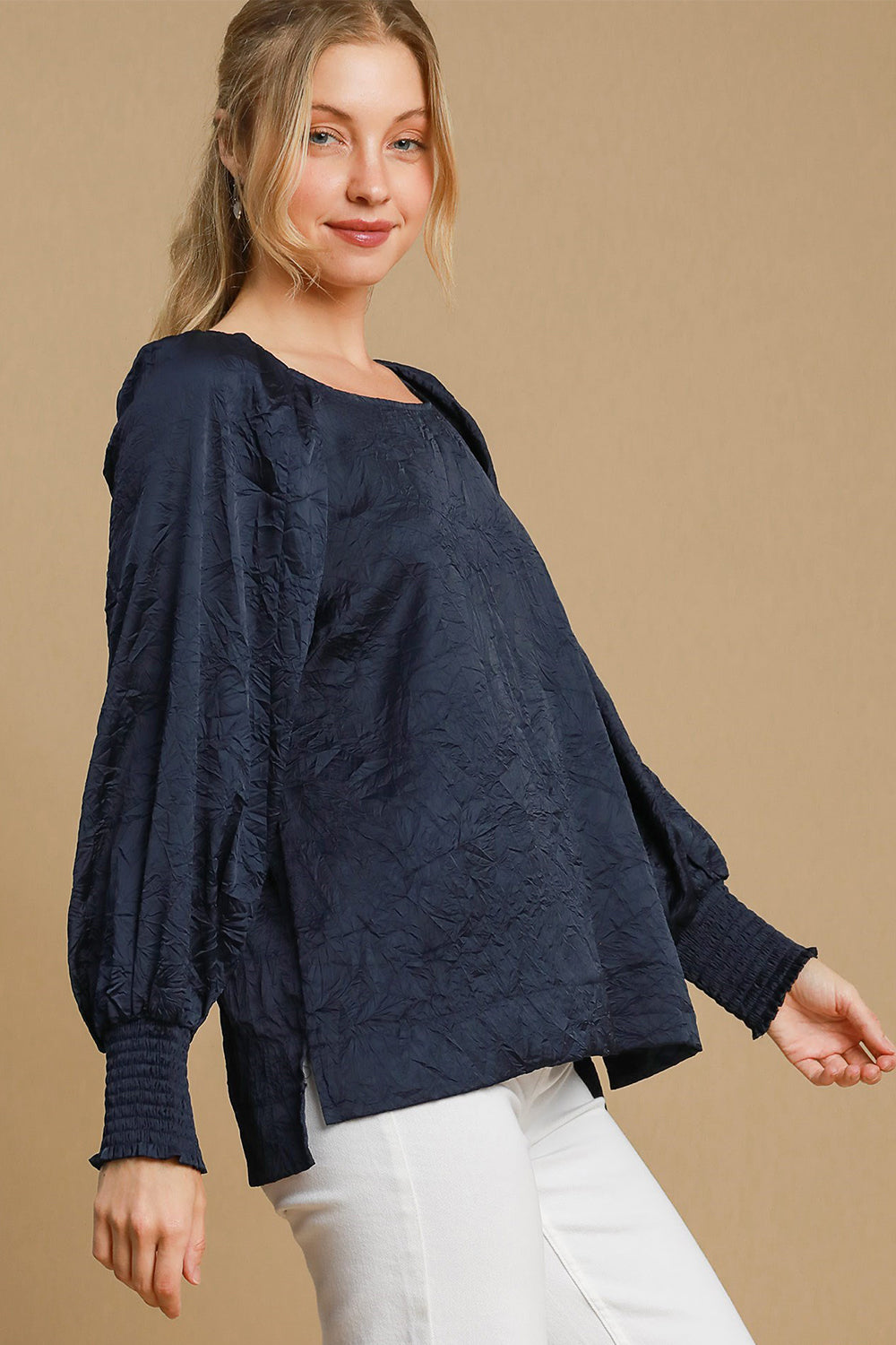 Umgee Wrinkled Lantern Sleeve Top - Navy