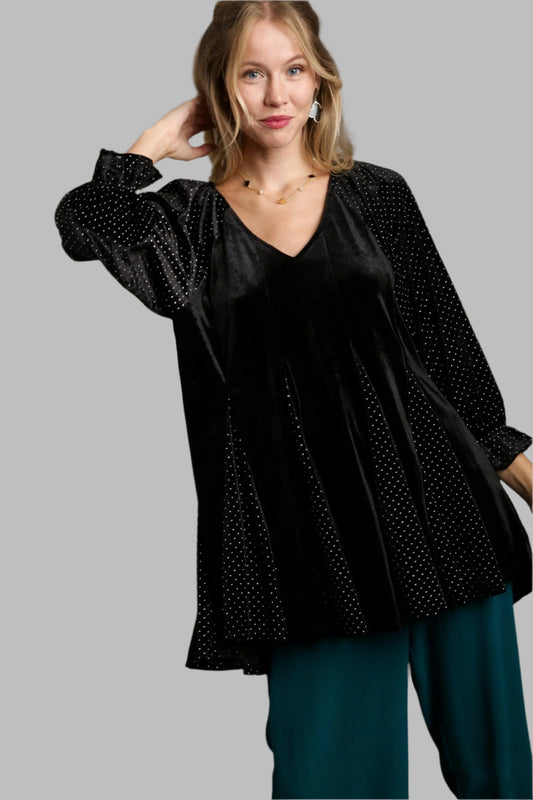 Umgee Velvet Pleated Top - Black