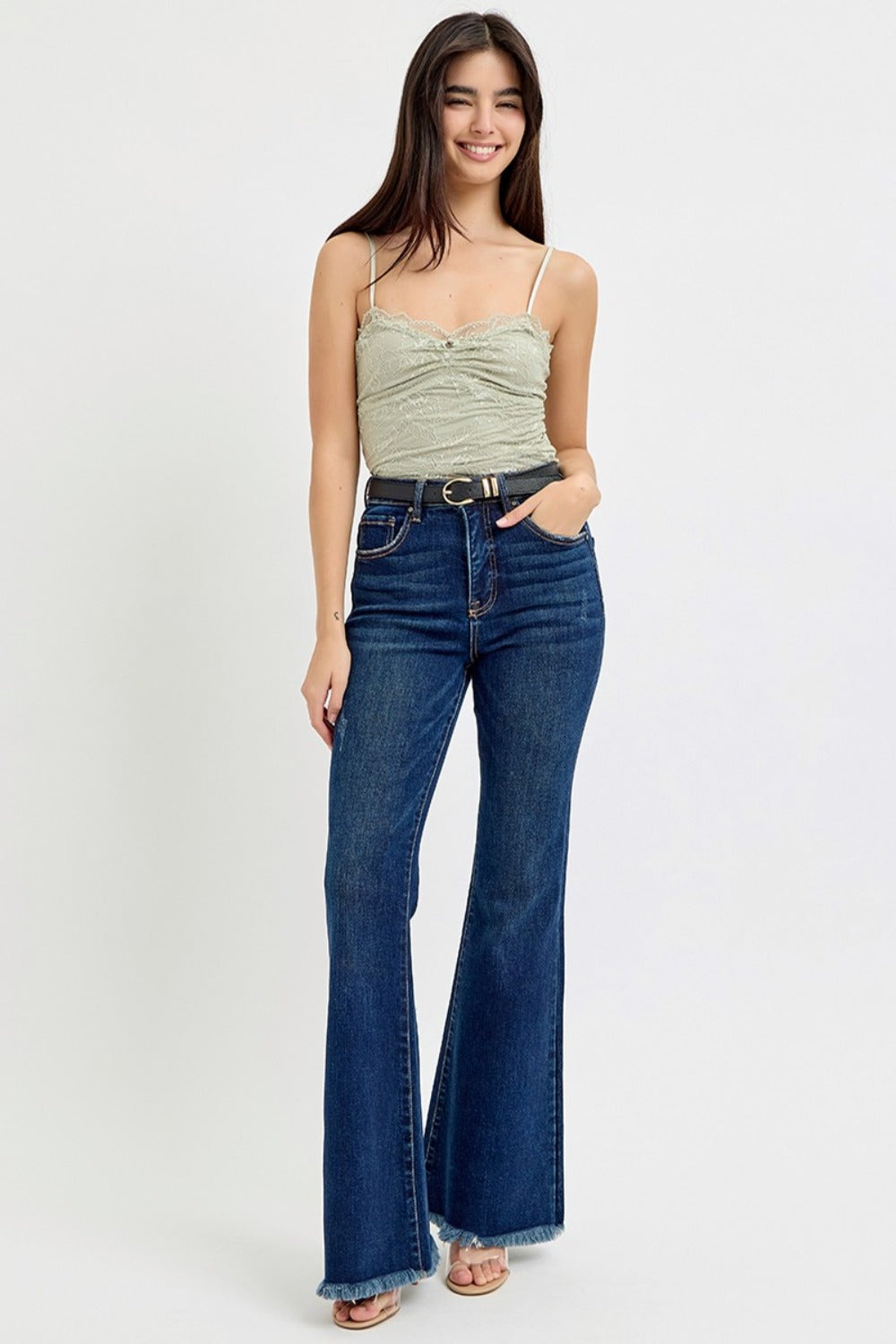 RISEN Tummy Control Frayed Hem Flare Jeans - Dark