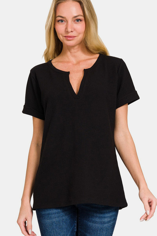 Zenana Black Waffle Top