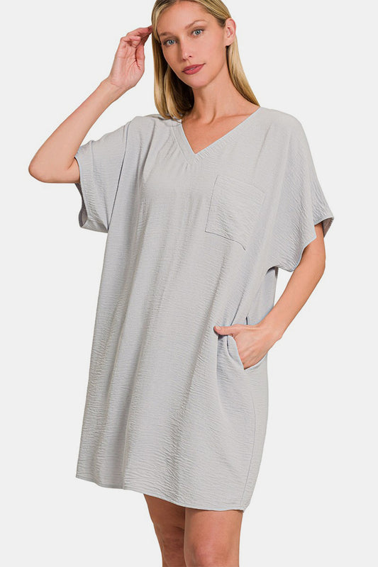 Zenana V-Neck Dress - Gray