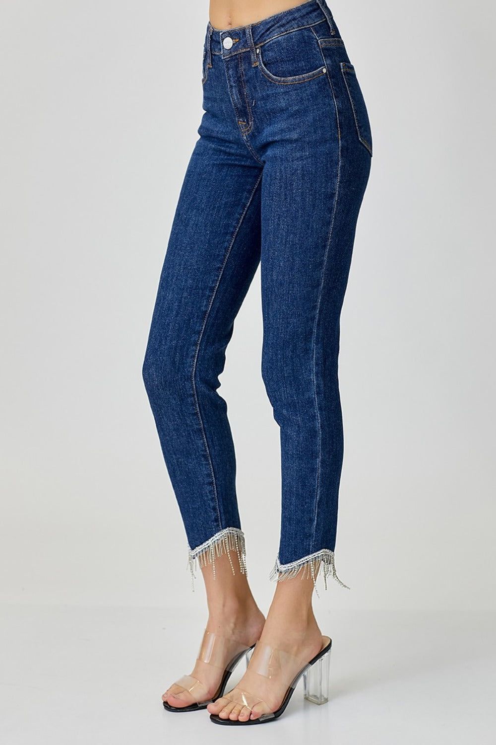 RISEN Fringe Hem Embellished Skinny Jeans