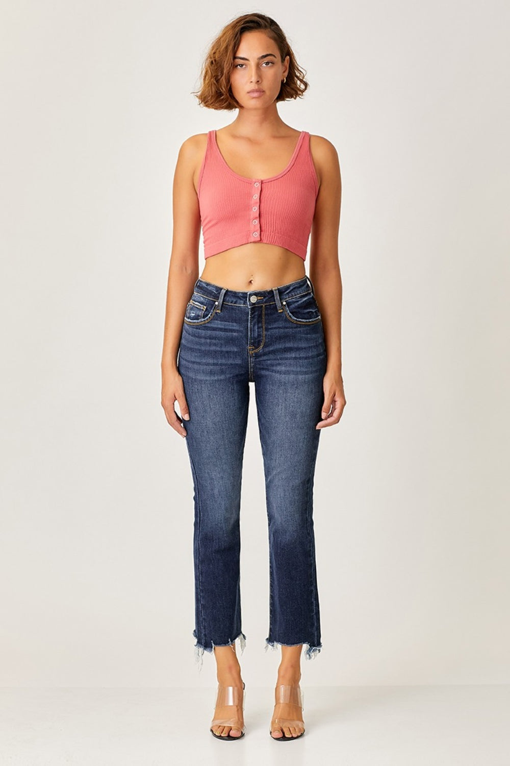 Risen Frayed Hem Cropped Straight Jeans - Dark Wash